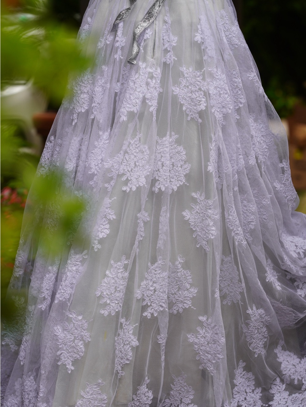 Vintage Ivory & Sage Lace Floral Appliqué Gown | Romantic Off-Shoulder Wedding - Picture 13 of 16